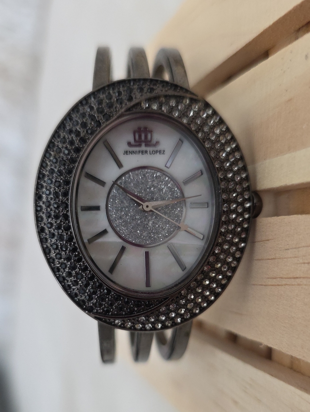 Jennifer Lopez JLO Gunmetal Crystal Bangle Watch Mother of Pearl Dial
